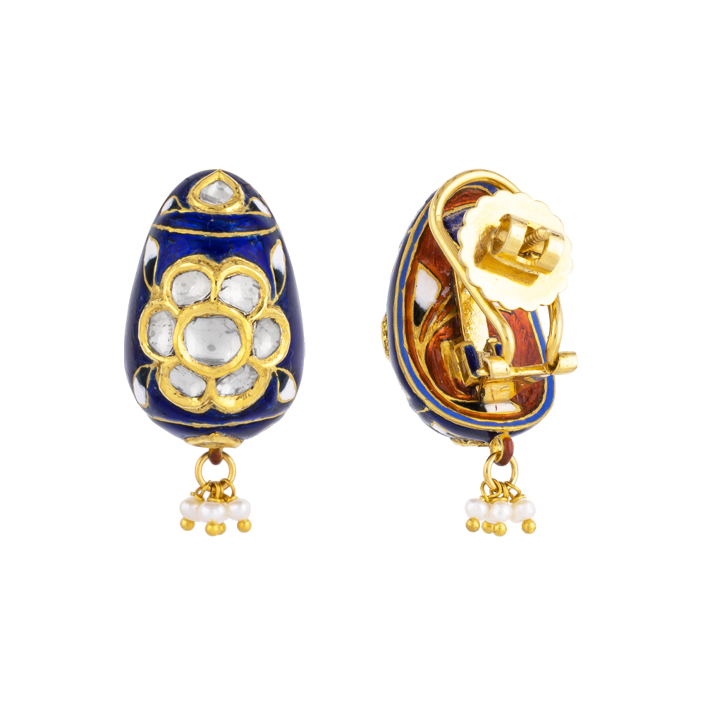 Blue Enamel Hasli Necklace Set with Polki Floral Motifs & Pearls